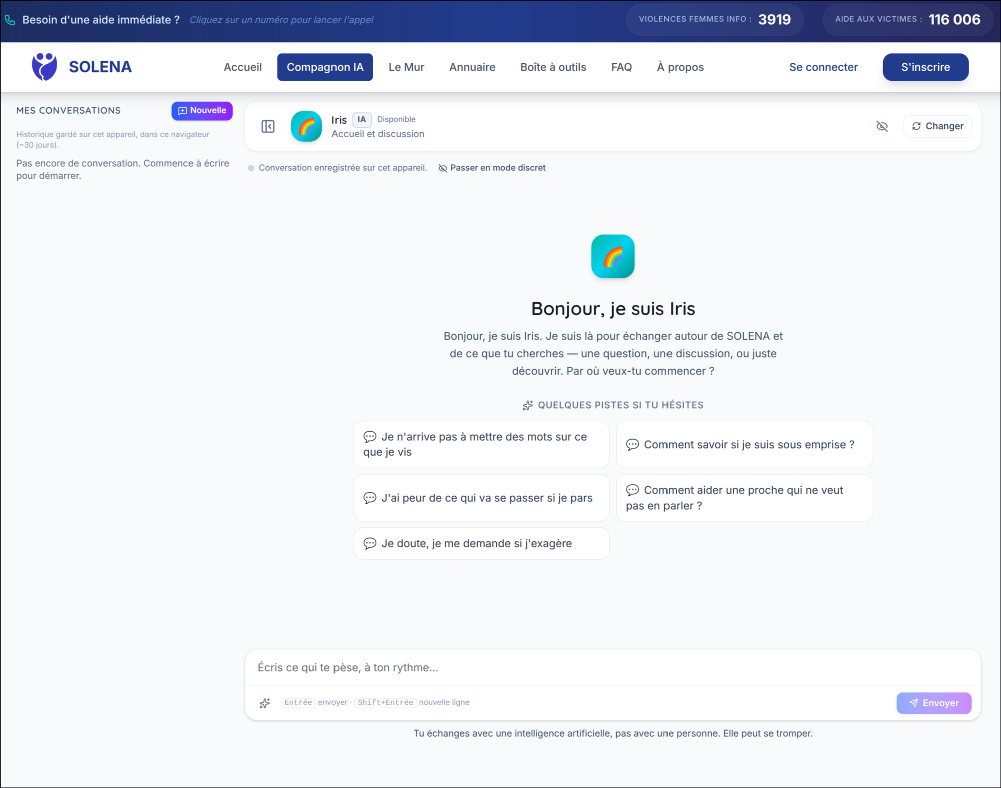 Solena web app — Iris, the empathetic support companion