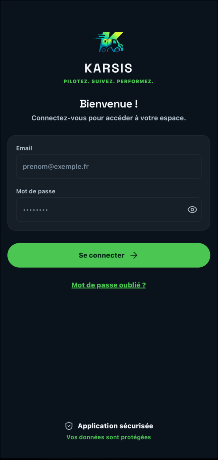 Karsis mobile app — login screen