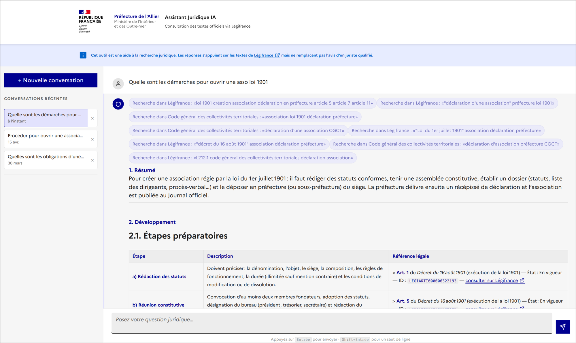 Legal AI assistant built for the Préfecture de l'Allier, answering a question with Légifrance sources
