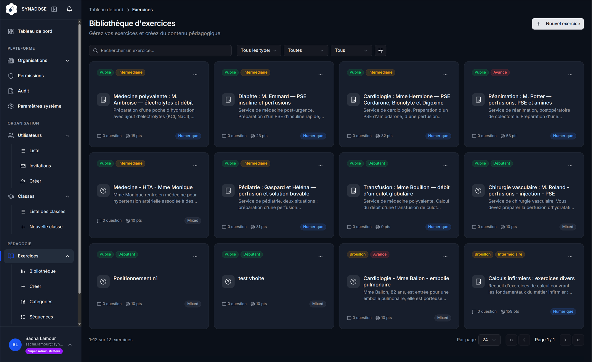 Synadose teaching platform — exercise library with difficulty levels and scoring